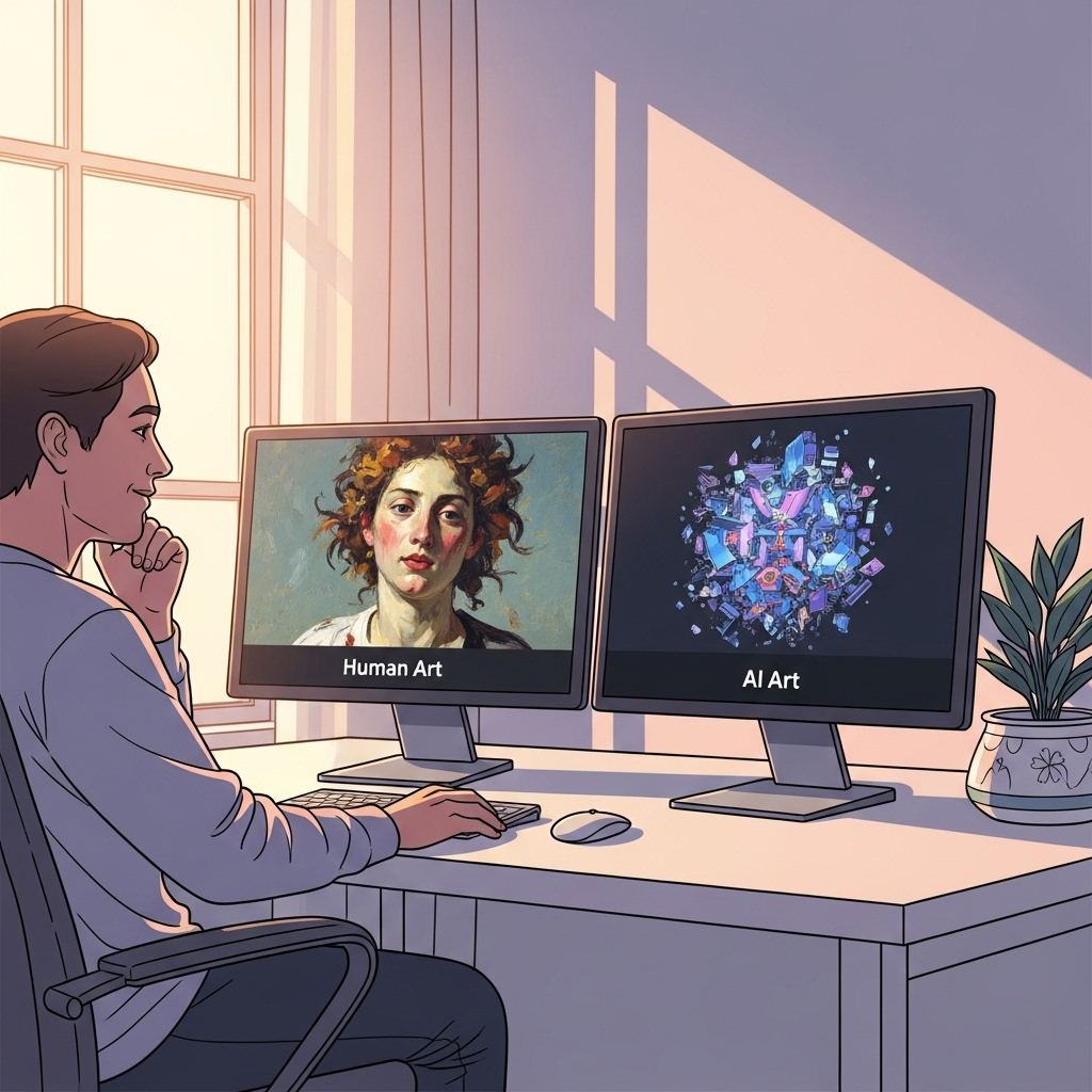 An illustration of a person at a multi-screen workstation, managing and refining AI-generated images through prompting, selection, and editing.