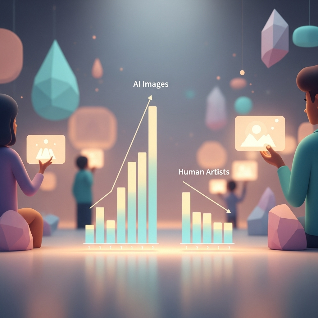 An illustration of a bar chart depicting a large, growing number of AI images in a marketplace contrasted with a smaller, declining number of human artists.