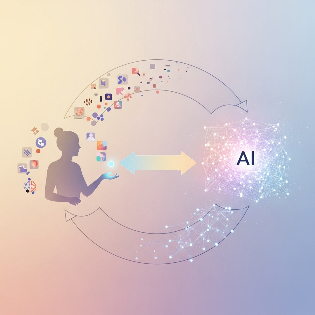 An illustration depicting a circular feedback loop between a human providing input to an AI, the AI generating an output, and that output influencing the human's future aesthetic choices.