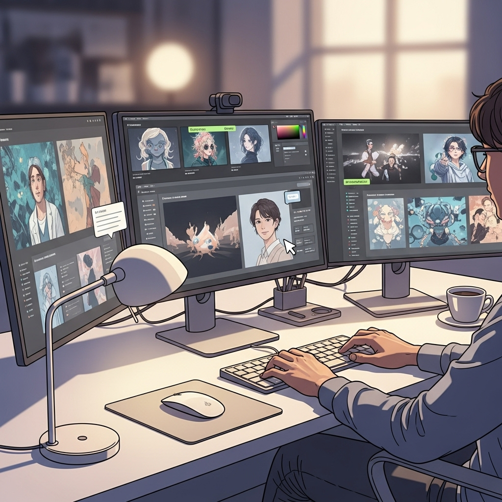 An illustration of a person at a multi-screen workstation, managing and refining AI-generated images through prompting, selection, and editing.