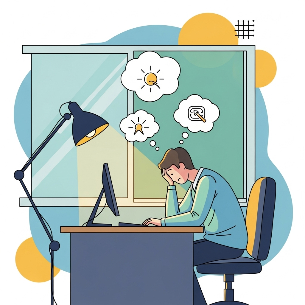 A geometric illustration of an overwhelmed person at a desk, lacking inspiration or support.