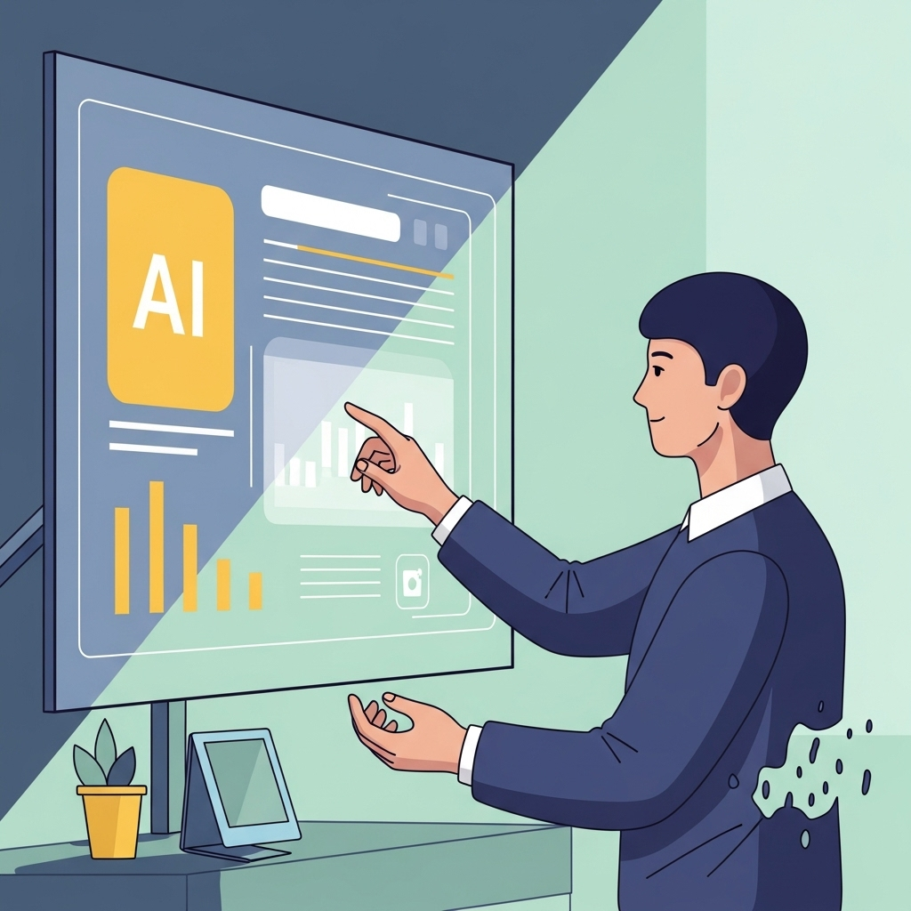 A geometric illustration of a person using an AI tool, with a subtle visual representation of their thoughts being externalized or rented.