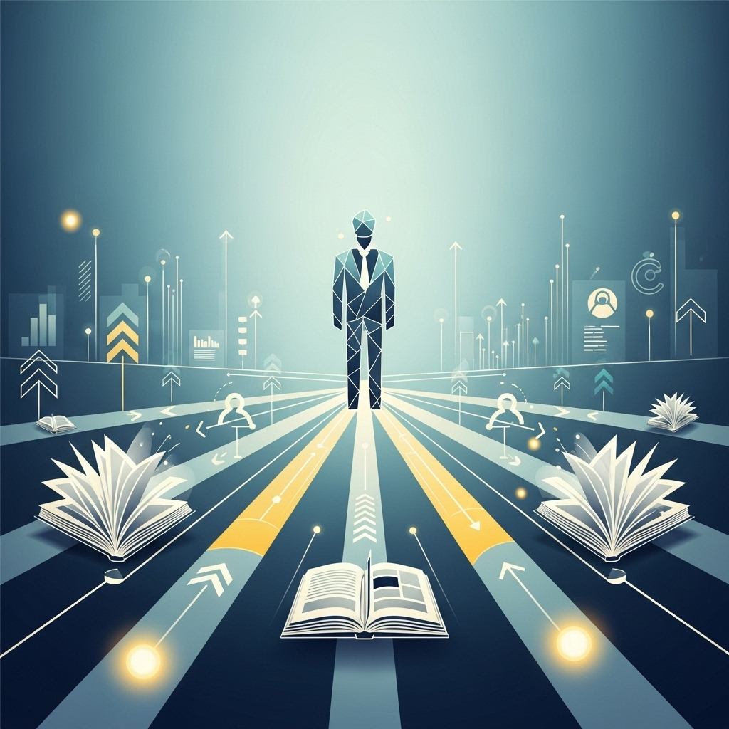 A geometric illustration of a person with several clear, well-lit career paths branching out, indicating growth and training opportunities.