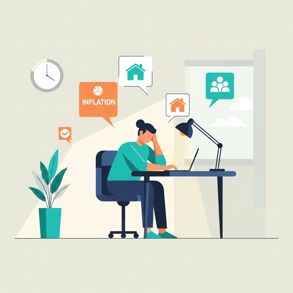 An illustration of a person meditating in a home office, representing an investment in mental well-being.