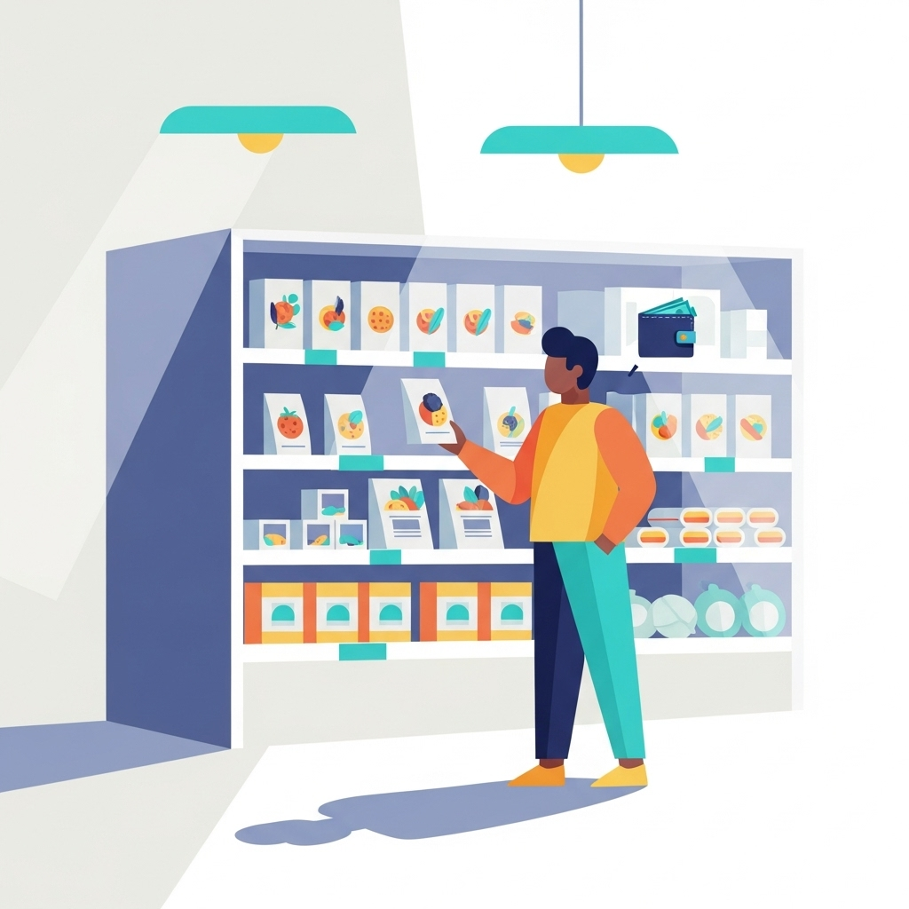 An illustration of a person choosing a healthy meal kit at a grocery store, representing a thoughtful, purposeful spending decision.