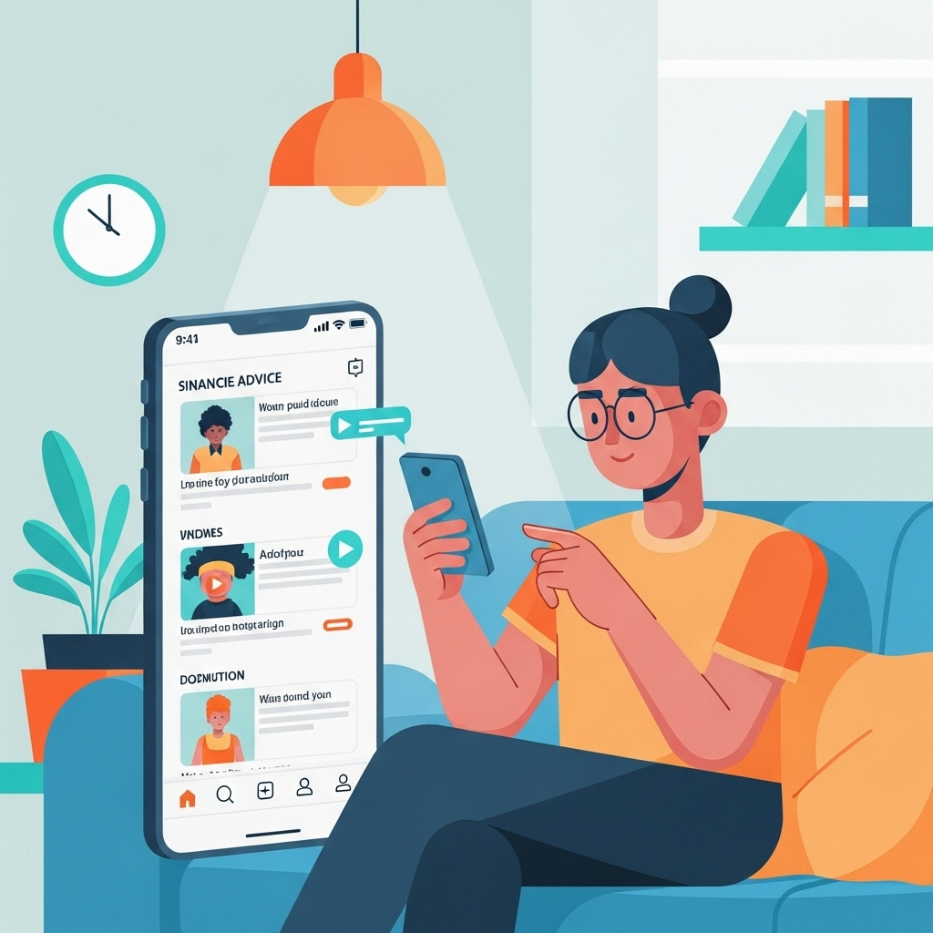An illustration of a young person on a couch looking at financial advice content on a smartphone social media feed.