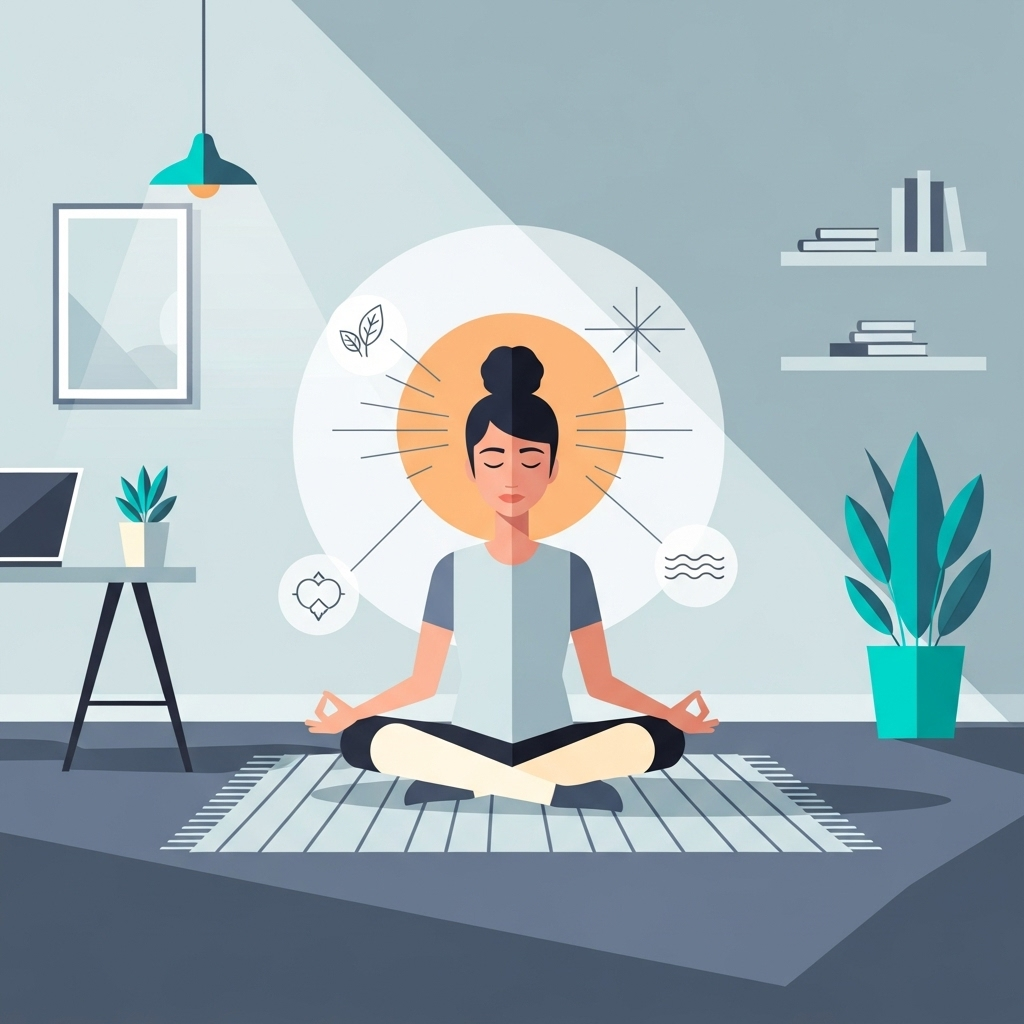 An illustration of a person meditating in a home office, representing an investment in mental well-being.