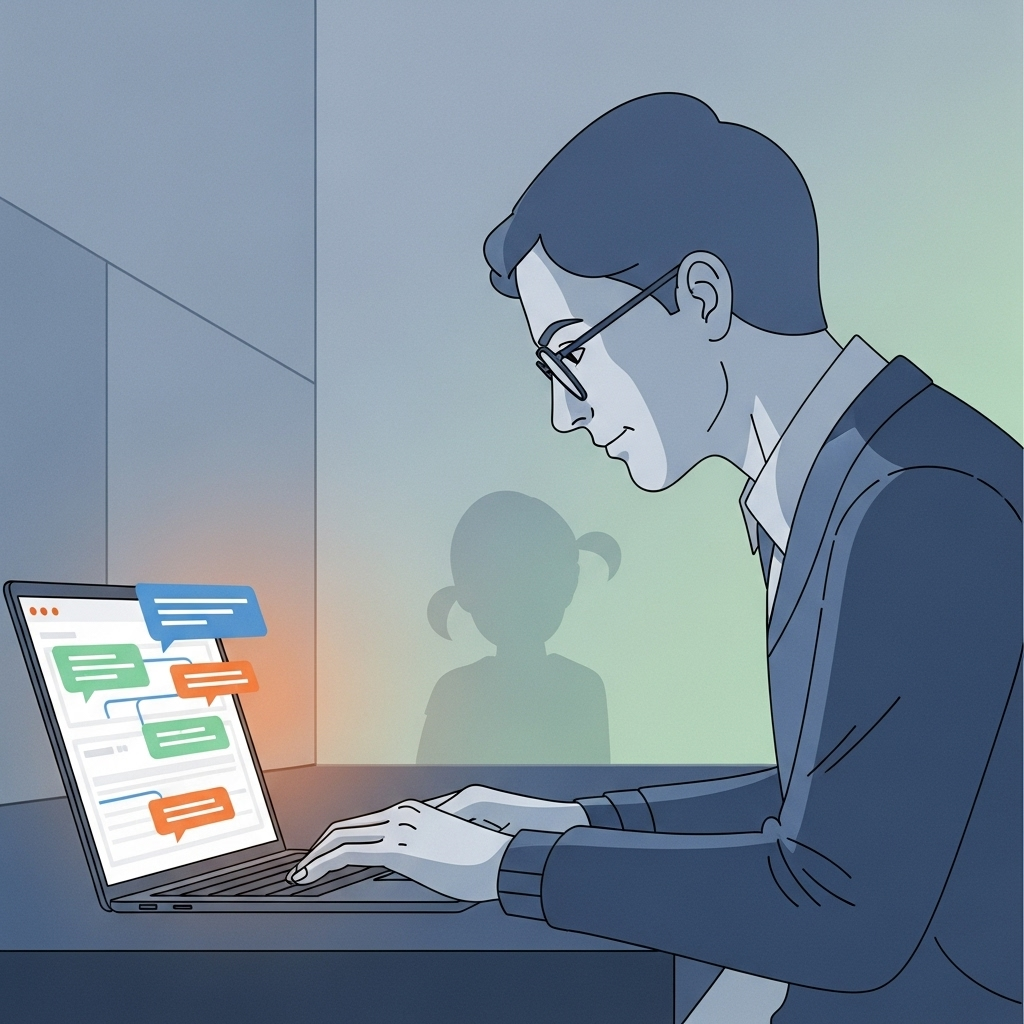 An illustration of a generic adult looking at a laptop screen displaying a digital dashboard with abstract chat elements.