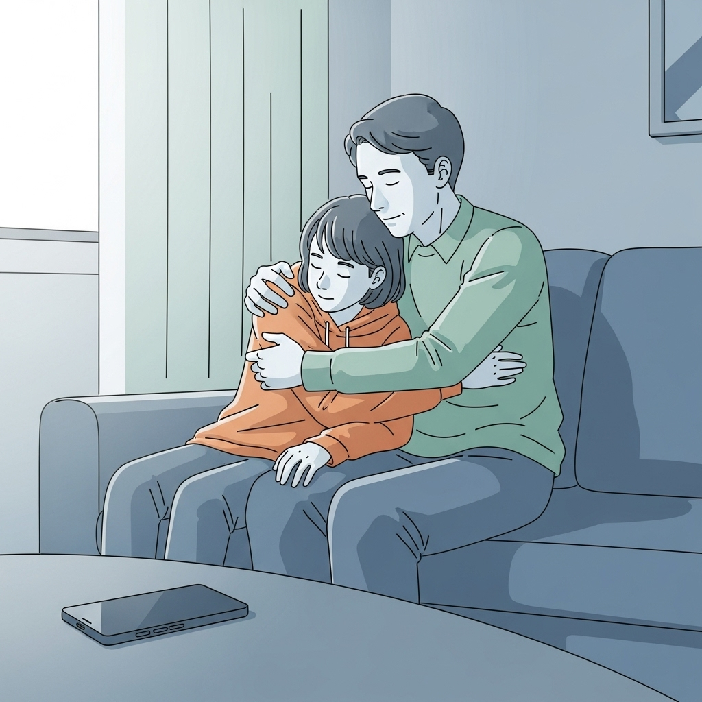 An illustration of an adult embracing a teenager while sitting on a sofa, with a smartphone visible but out of focus on a table.
