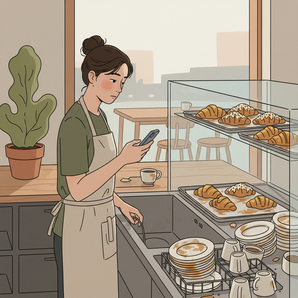 An illustration of a person in a kitchen writing a shopping list for whole foods, with fresh ingredients on the counter.