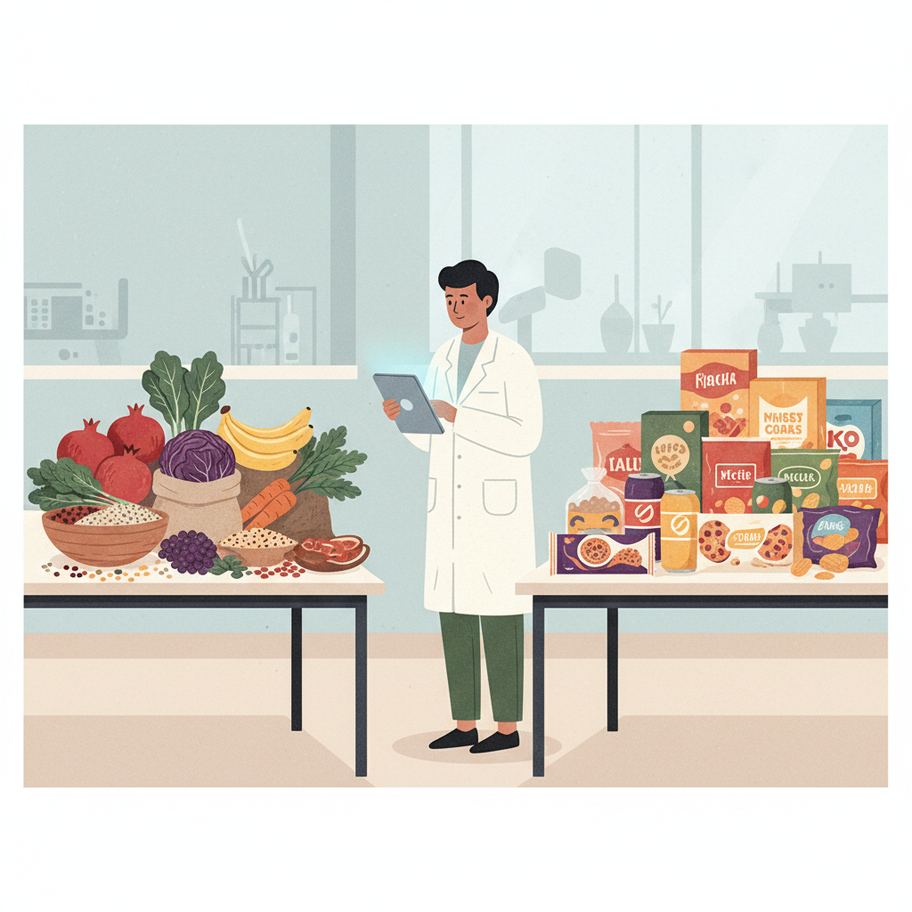 An illustration of a researcher observing two tables, one with whole foods and one with processed foods, in a clinical setting.
