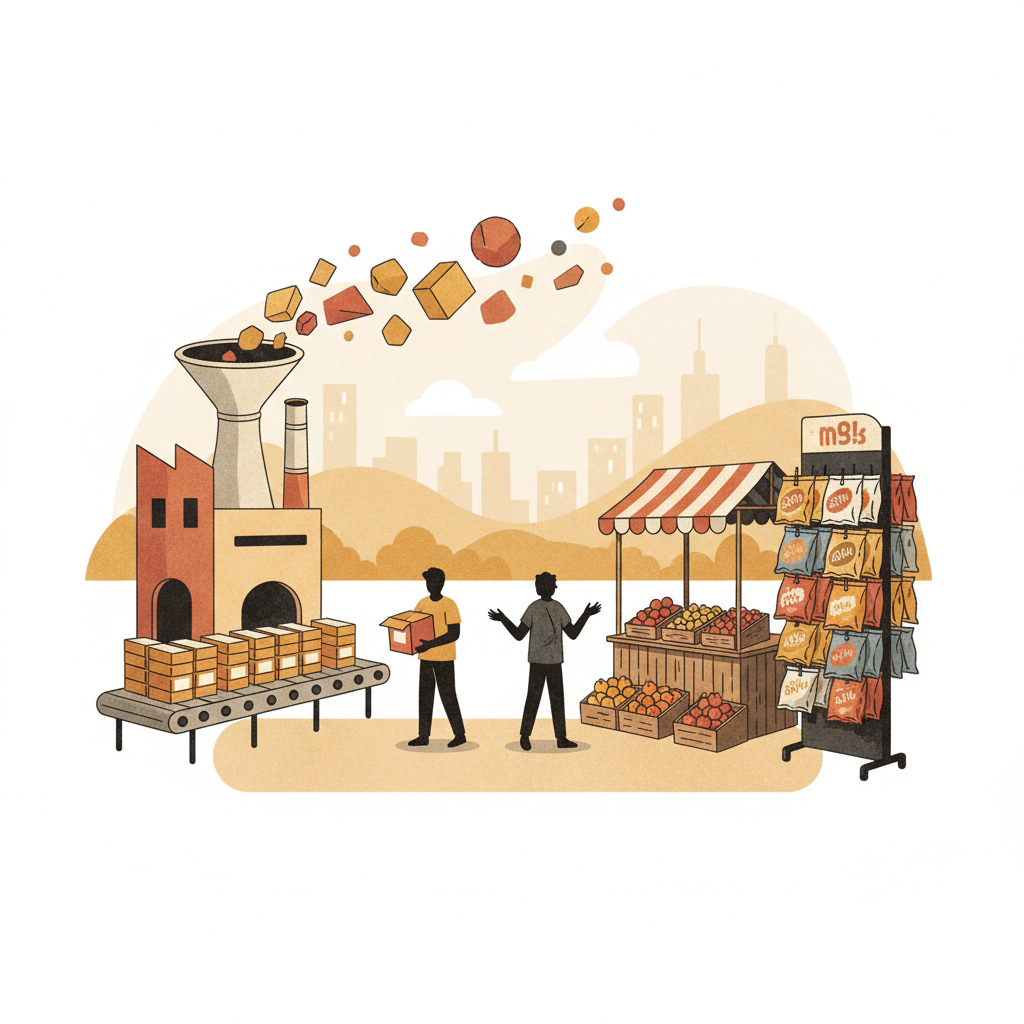 An illustration depicting a complex food supply chain, showing factory production of packaged goods versus a small market stall with fresh produce next to a large snack display.