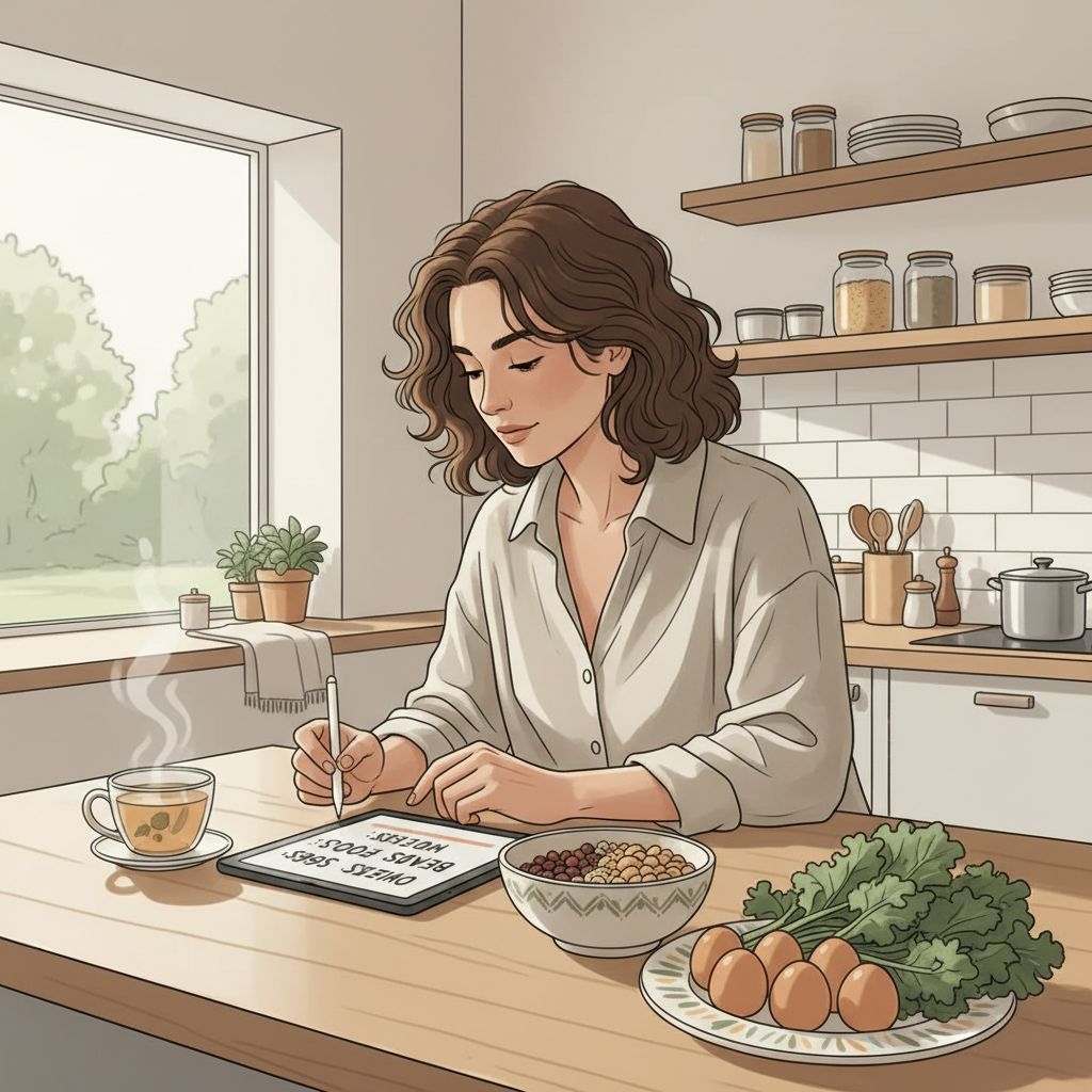 An illustration of a person in a kitchen writing a shopping list for whole foods, with fresh ingredients on the counter.