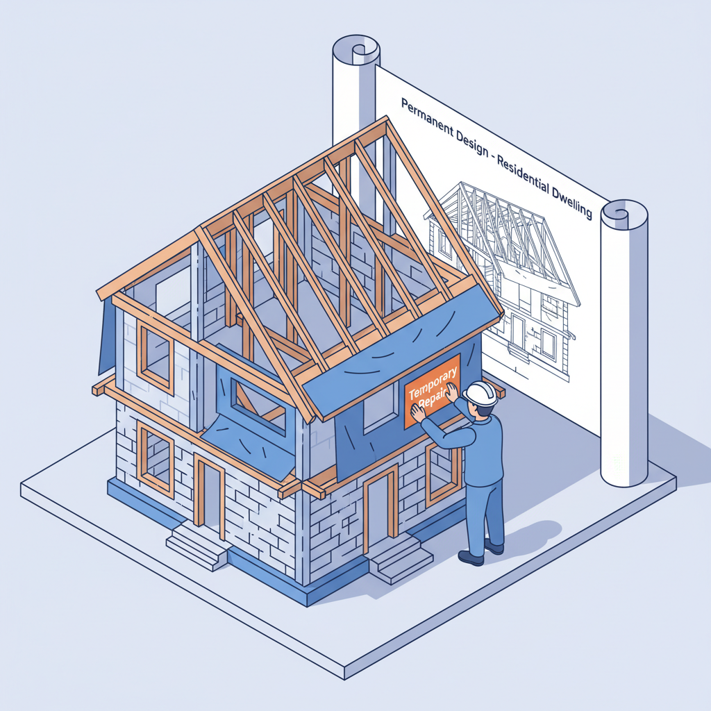 An illustration of a contractor looking at a digital tablet showing high prices for construction materials.