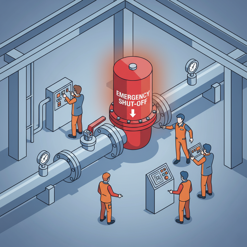 An illustration of a large red emergency shut-off valve on a pipe.