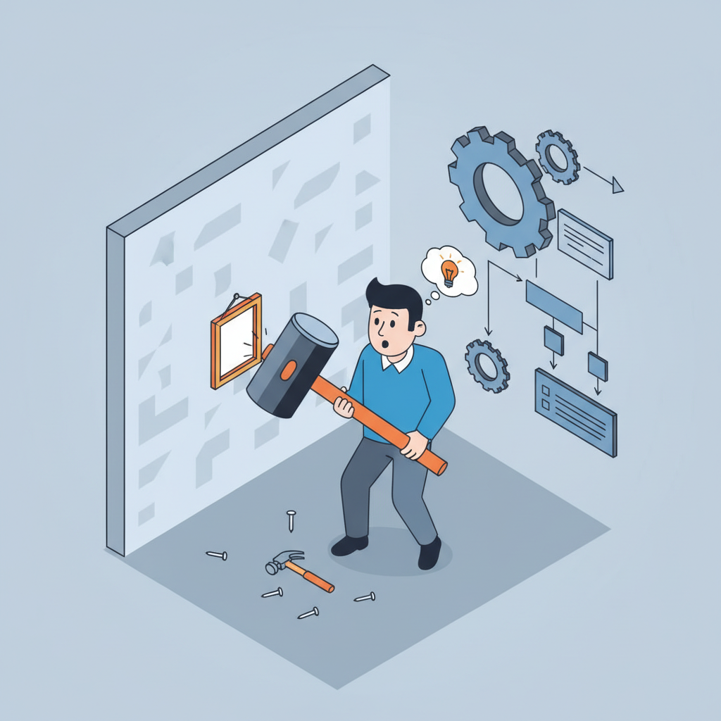 An illustration of a person trying to hang a small picture frame with a large sledgehammer.