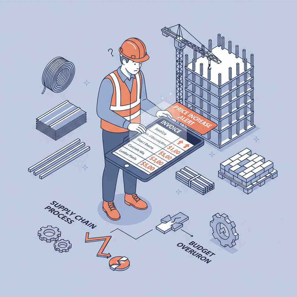 An illustration of a contractor looking at a digital tablet showing high prices for construction materials.
