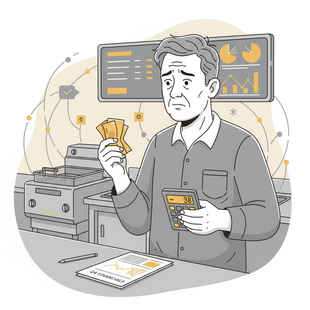 An illustration of a fast-food franchise owner looking stressed while examining finances in a kitchen setting.