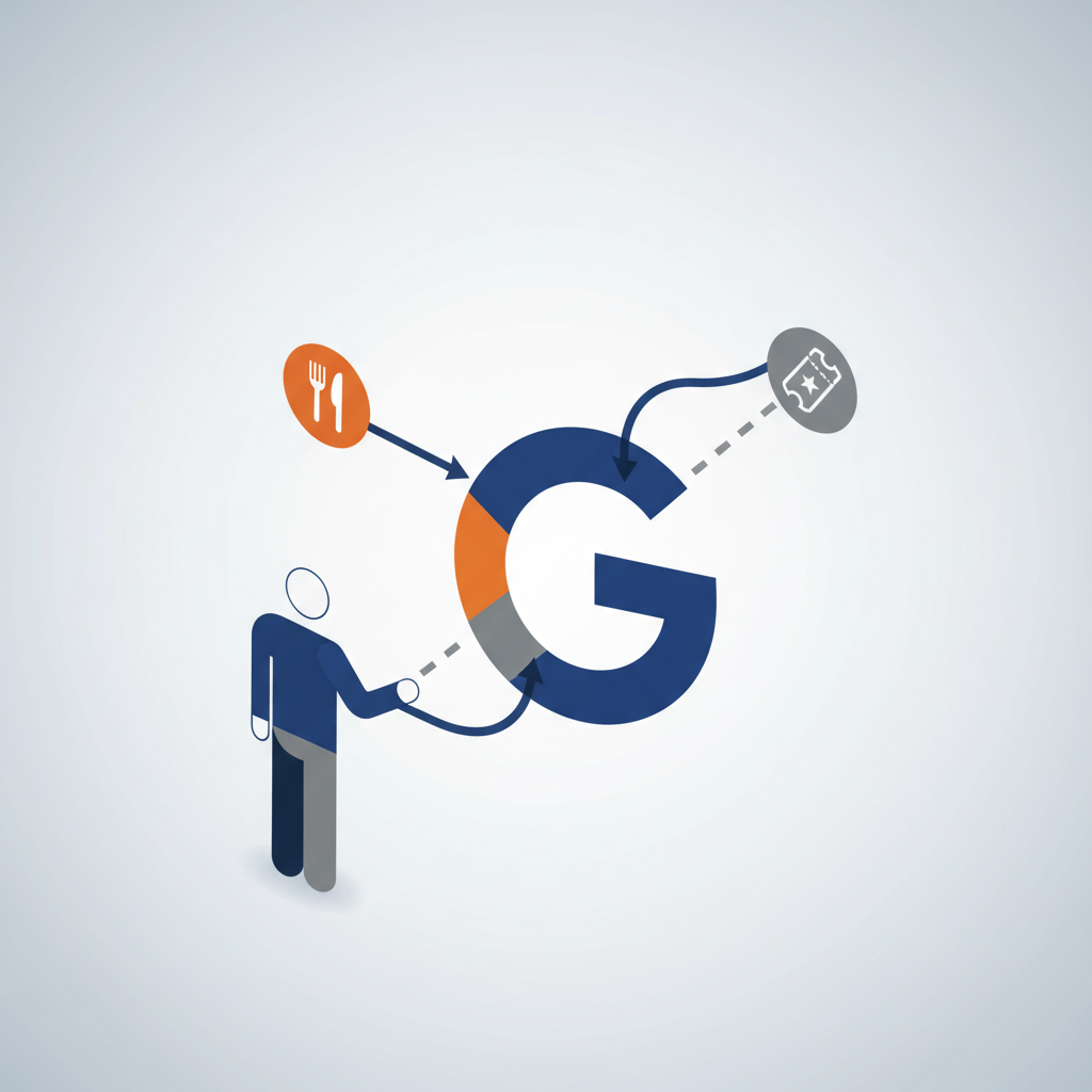 An illustration of a user's connection to various services being routed through a central Google interface.