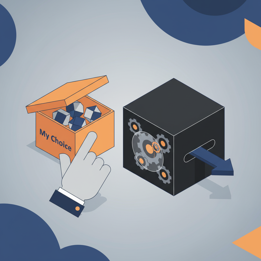 An illustration contrasting a user's potential choices with a closed 'black box' system that presents only one option.