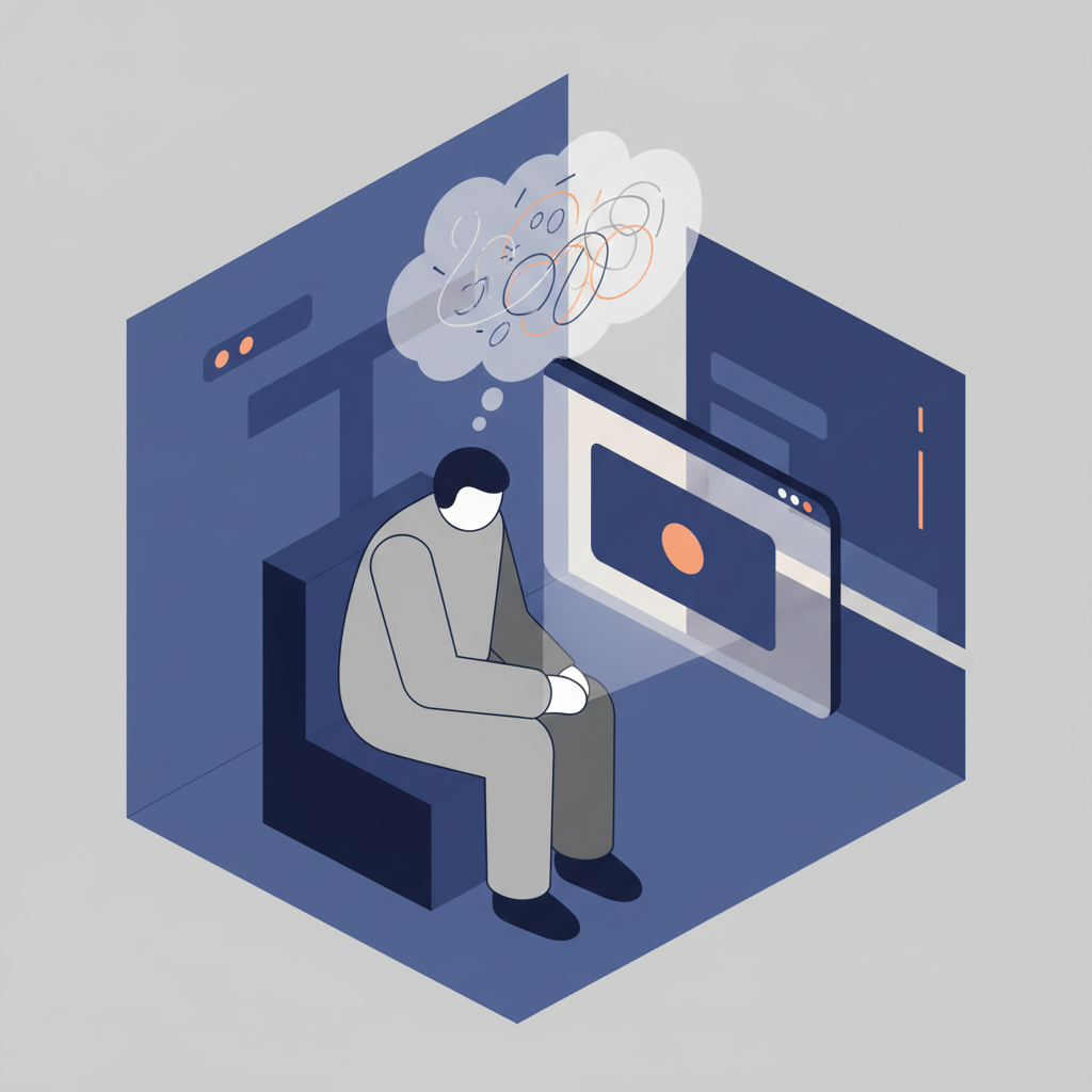 An illustration of a person passively accepting a single option presented on a screen, with vague thoughts suggesting a lack of critical choice.