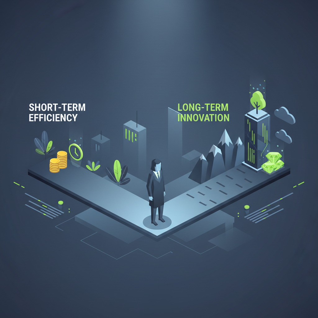 An illustration of a person at a crossroads, choosing between a path for short-term efficiency and another for long-term innovation.