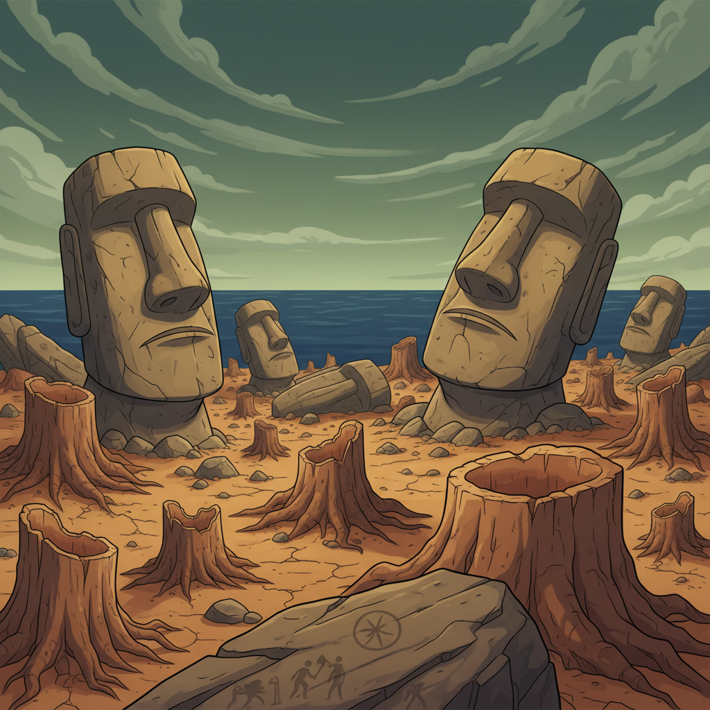 A stylized illustration of a large moai statue overlooking a vibrant Rapa Nui community with cultivated land.