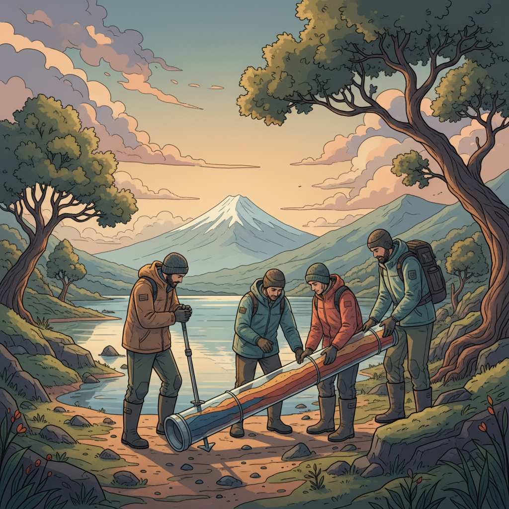 A stylized illustration of scientists collecting a sediment core sample from the ground on an island.