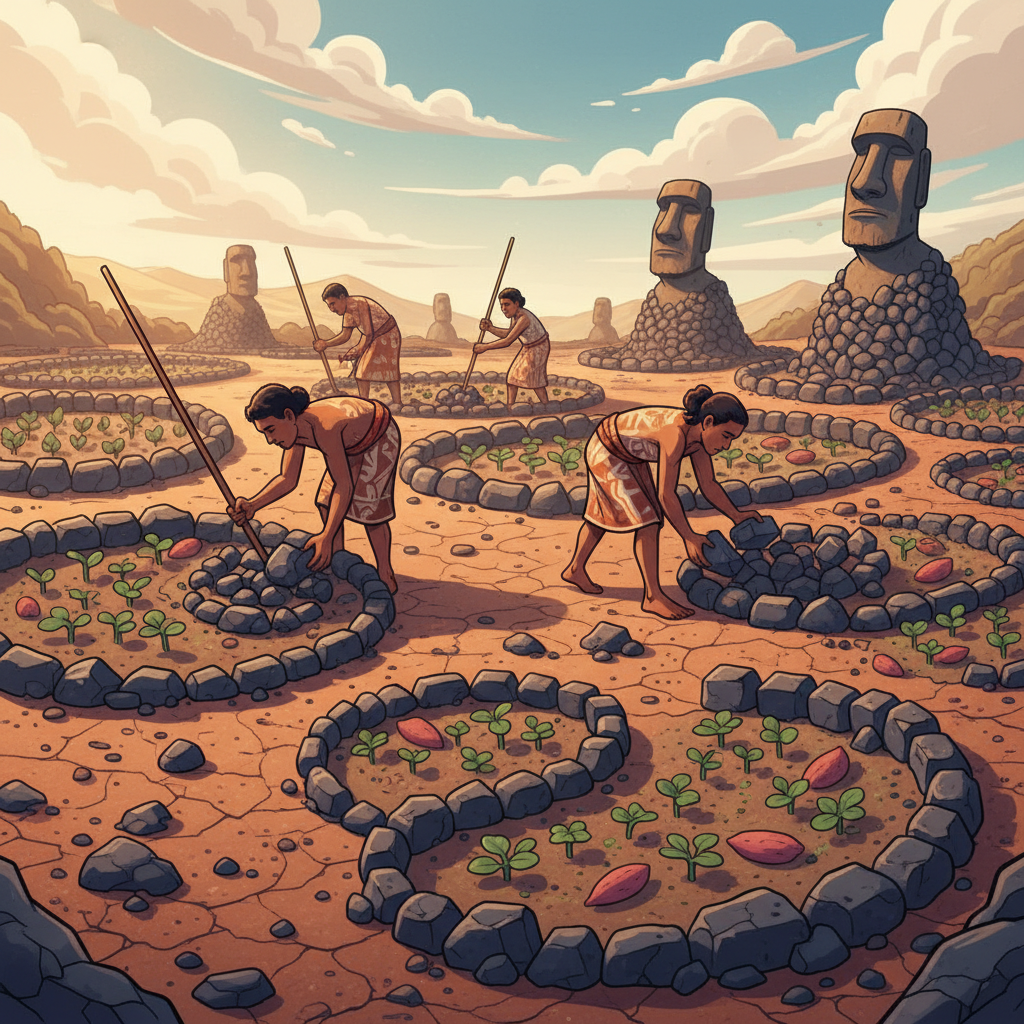 A stylized illustration of Rapa Nui people building rock gardens around plants in dry soil.