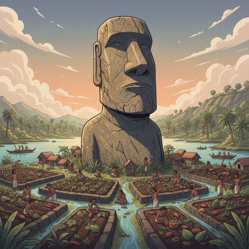A stylized illustration of a large moai statue overlooking a vibrant Rapa Nui community with cultivated land.
