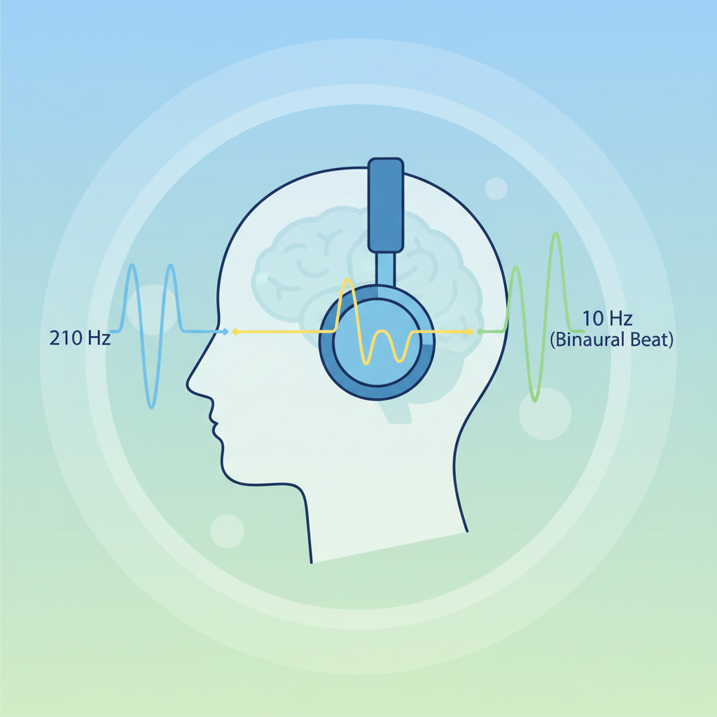 An illustration showing different sound frequencies entering a person's ears and the brain perceiving a unique beat.
