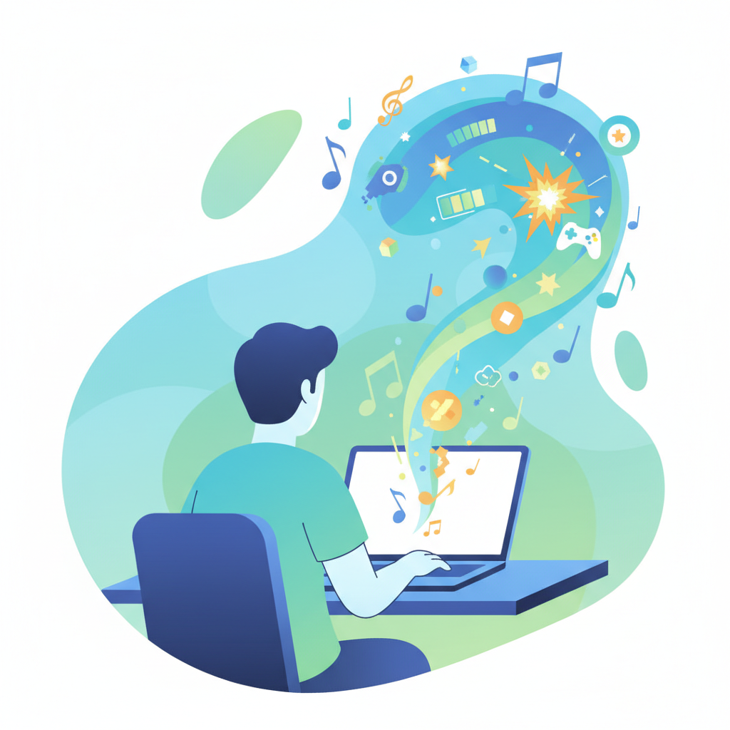 An illustration of a person working on a laptop while being distracted by colorful, swirling musical notes.