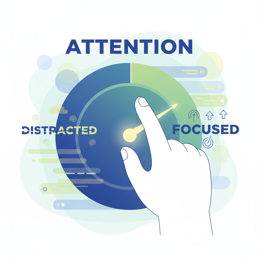 An illustration of a hand turning a dial labeled 'Attention,' symbolizing control over focus.