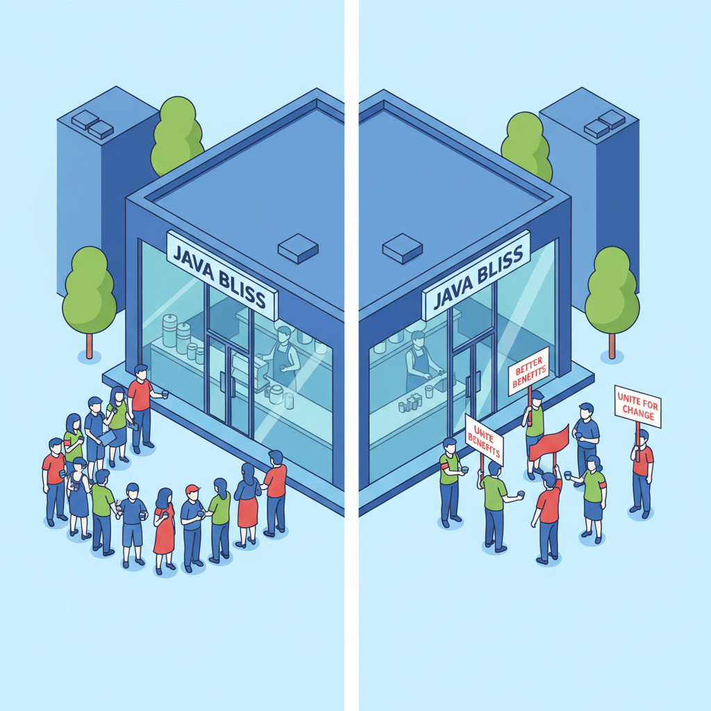 An illustration showing a busy coffee shop interior on one side and workers picketing outside on the other, highlighting the contrast.