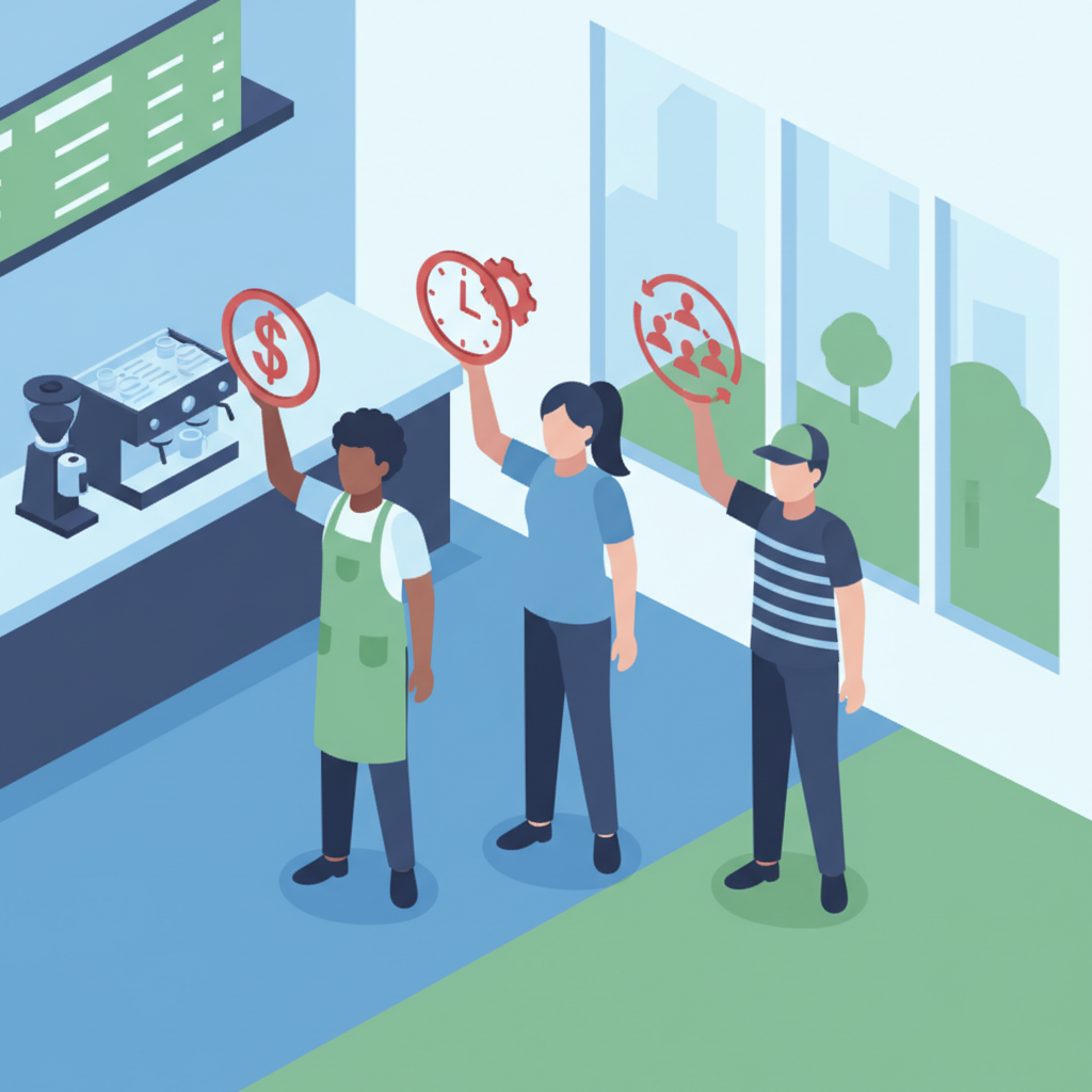 An illustration of three coffee shop workers holding icons representing demands for higher pay, steadier hours, and better staffing.