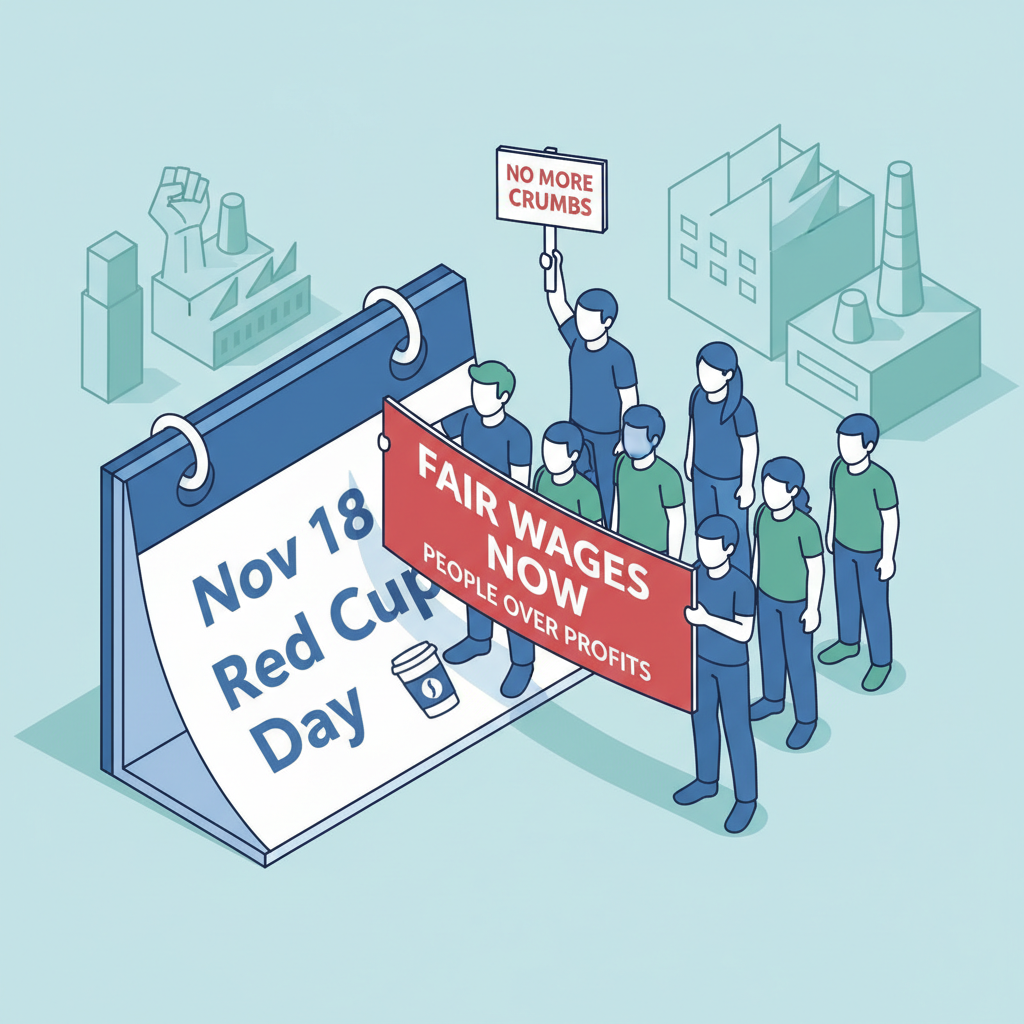 An illustration showing a calendar event for 'Red Cup Day' being overshadowed by a protest sign, symbolizing a hijacked event.