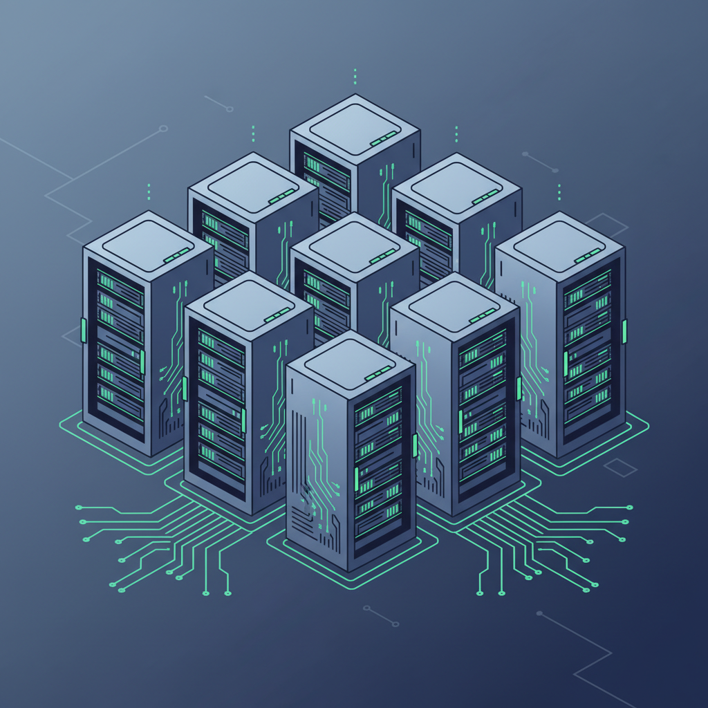 A stylized illustration of glowing, interconnected server racks in a data center.