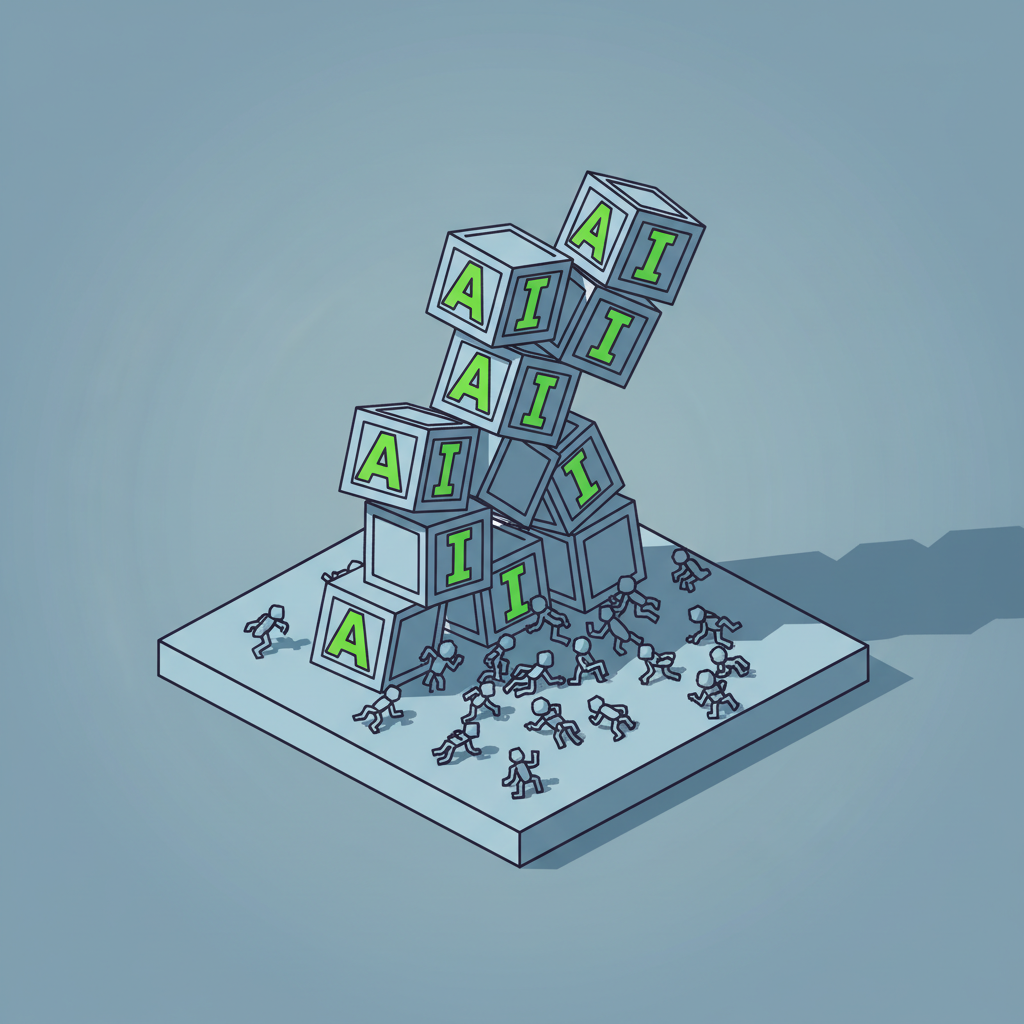 A stylized illustration of an unstable stack of 'AI' blocks on a platform edge, with small insect-like figures at the bottom.