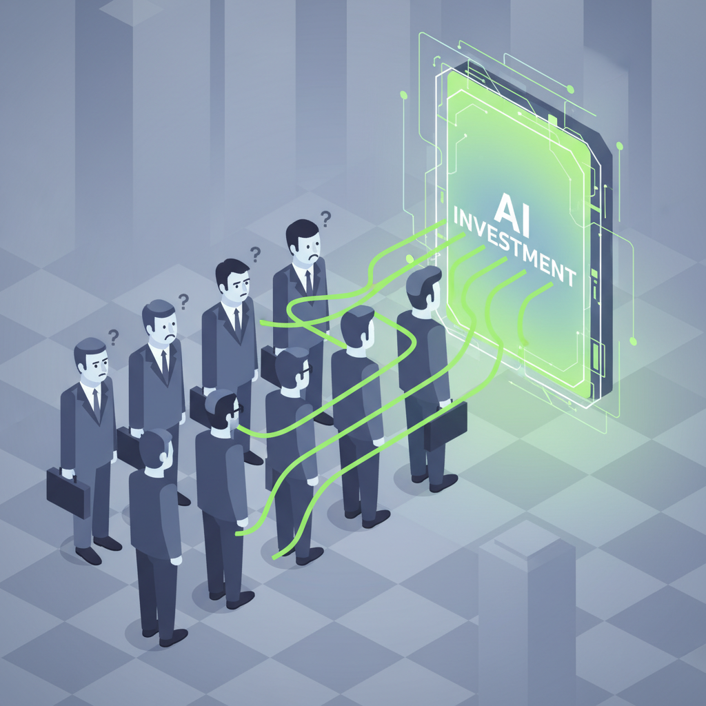 A stylized illustration of business professionals being guided towards a portal labeled 'AI Investment'.