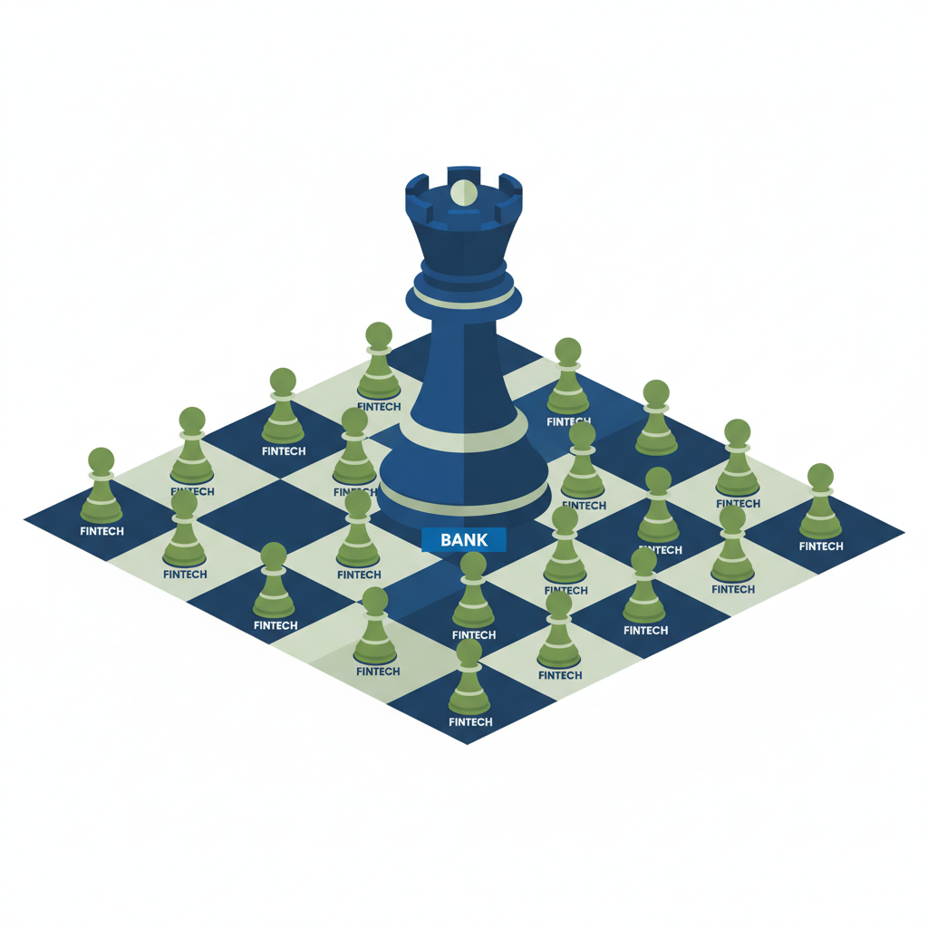 An illustration of a chess board with a large rook piece dominating smaller pawn pieces, symbolizing the bank's strategic advantage over fintechs.