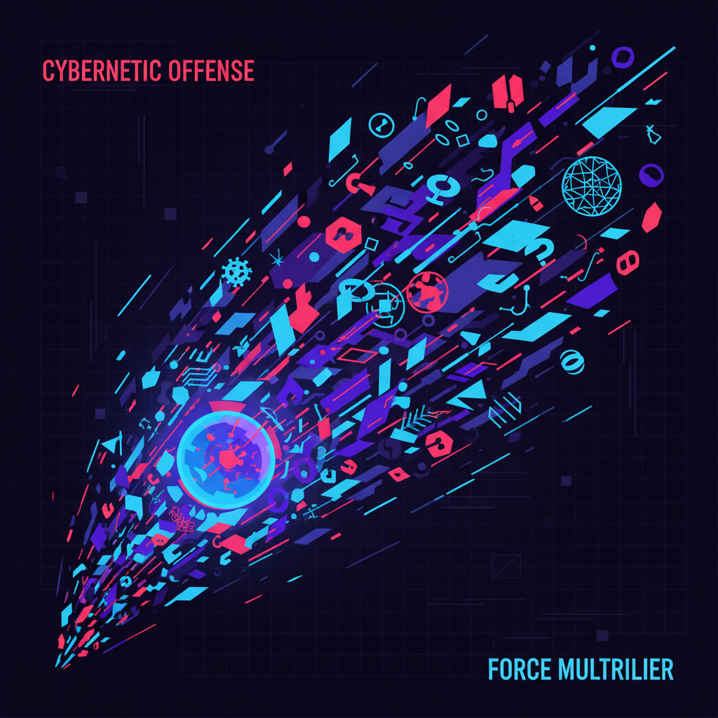 An illustration of a central glowing AI core rapidly deploying many identical and varied digital attack tools or phishing lures outwards, representing a force multiplier.