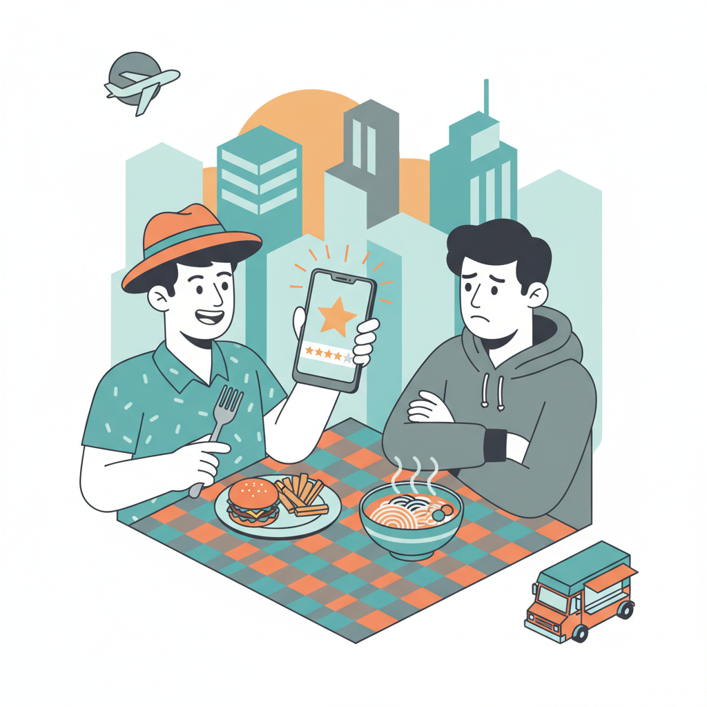 An illustration of a restaurant owner or chef redesigning a menu and decor for photogenic appeal.