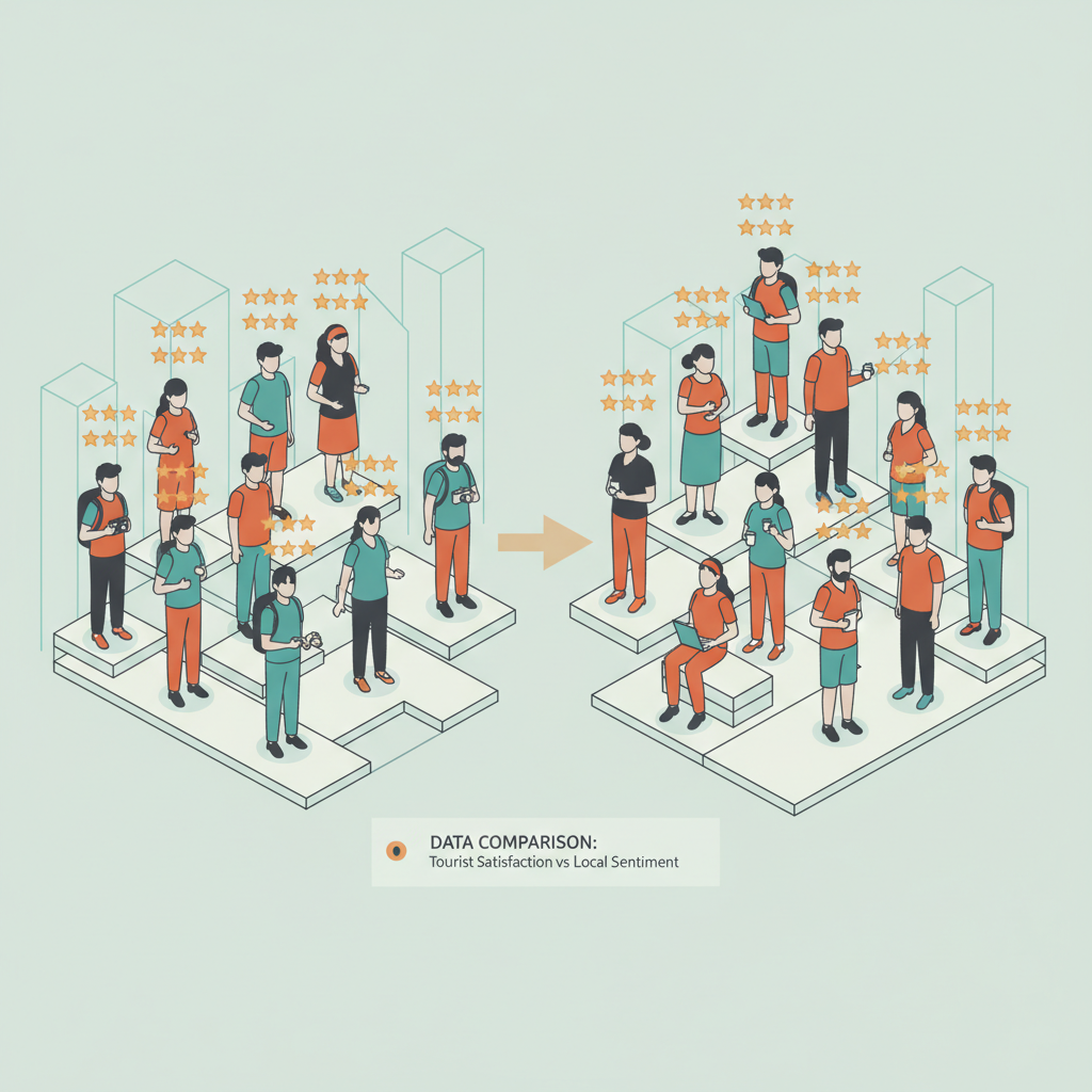 An illustration comparing higher star ratings from tourist figures against lower ratings from local figures.