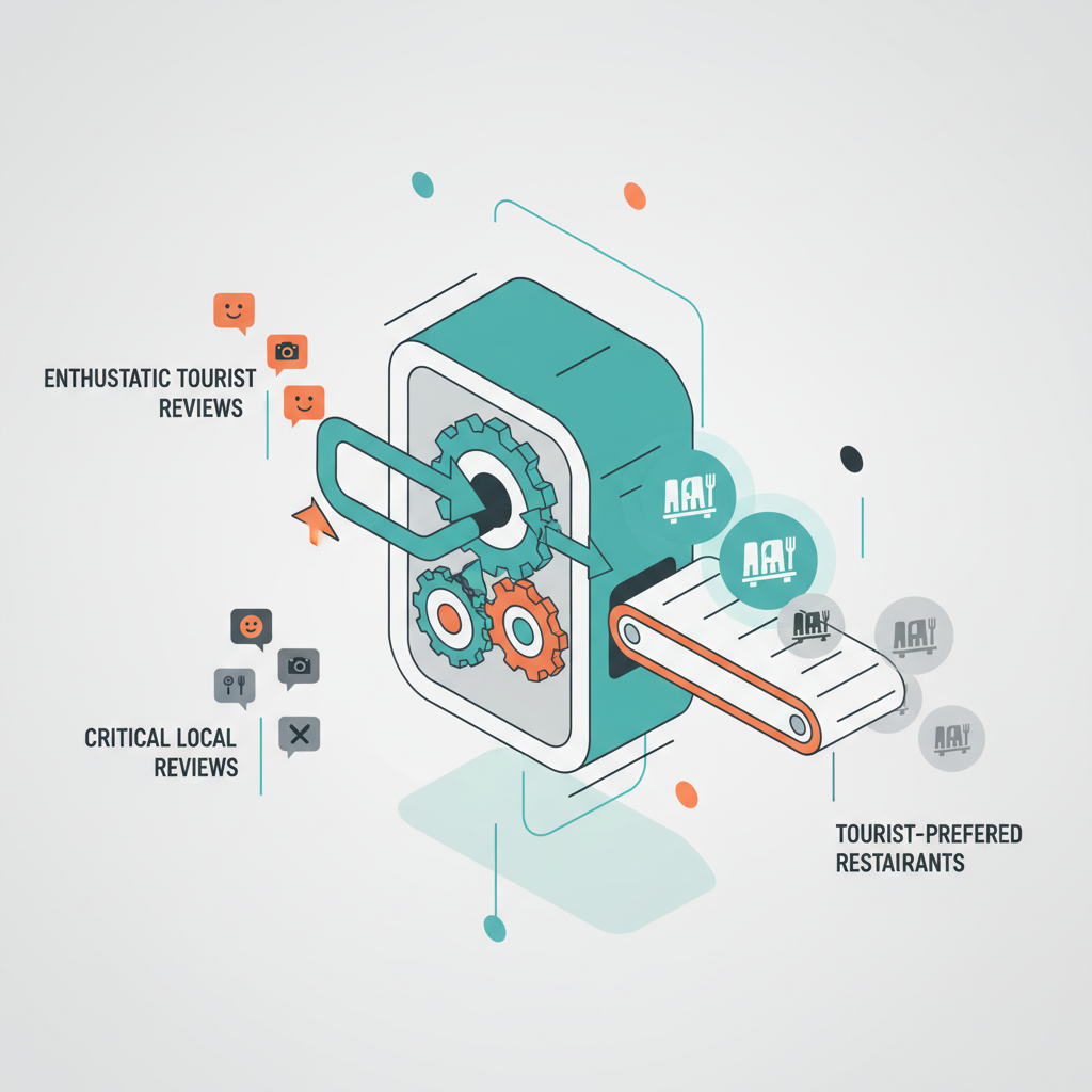 An illustration of an algorithm processing different types of reviews and prioritizing those from tourists.