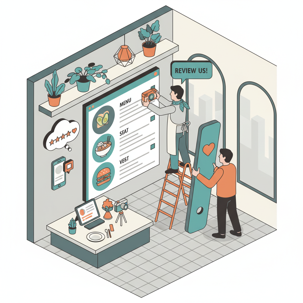 An illustration of a restaurant owner or chef redesigning a menu and decor for photogenic appeal.