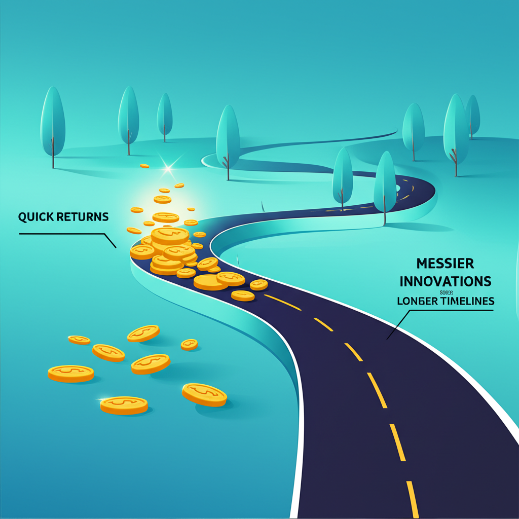An illustration of a bifurcating road in a healthcare landscape, with one path wide and brightly lit, and the other narrower and darker.