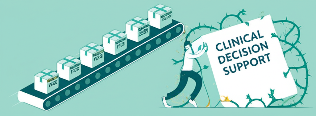 An illustration contrasting easy-to-deploy workflow solutions on a conveyor belt with a person struggling to move a complex clinical decision support system through obstacles.